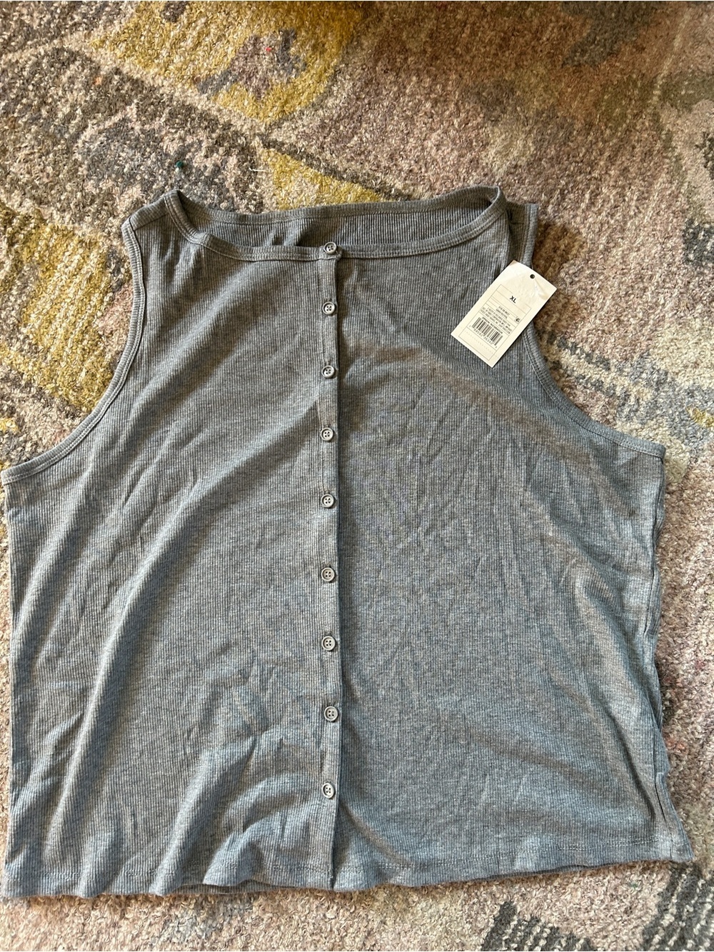 Sleeveless Button-Back Ribbed Tank Top - Gray NWT